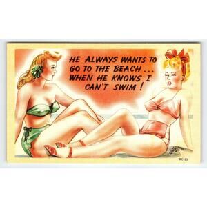 Vintage 1950s Linen Postcard Comic Beach Quote Women in Bikinis